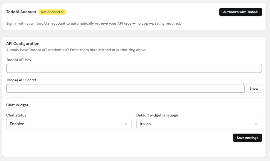 Connect TodoAI account inside Shopify Admin